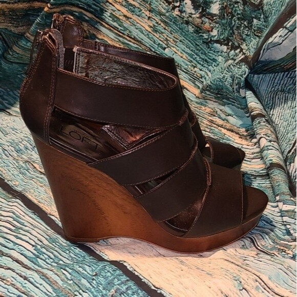 Loft Women's Size 7.5 Brown Terrain Kourtney Wooden 3.5" Wedge Gladiator Sandals - Picture 1 of 12